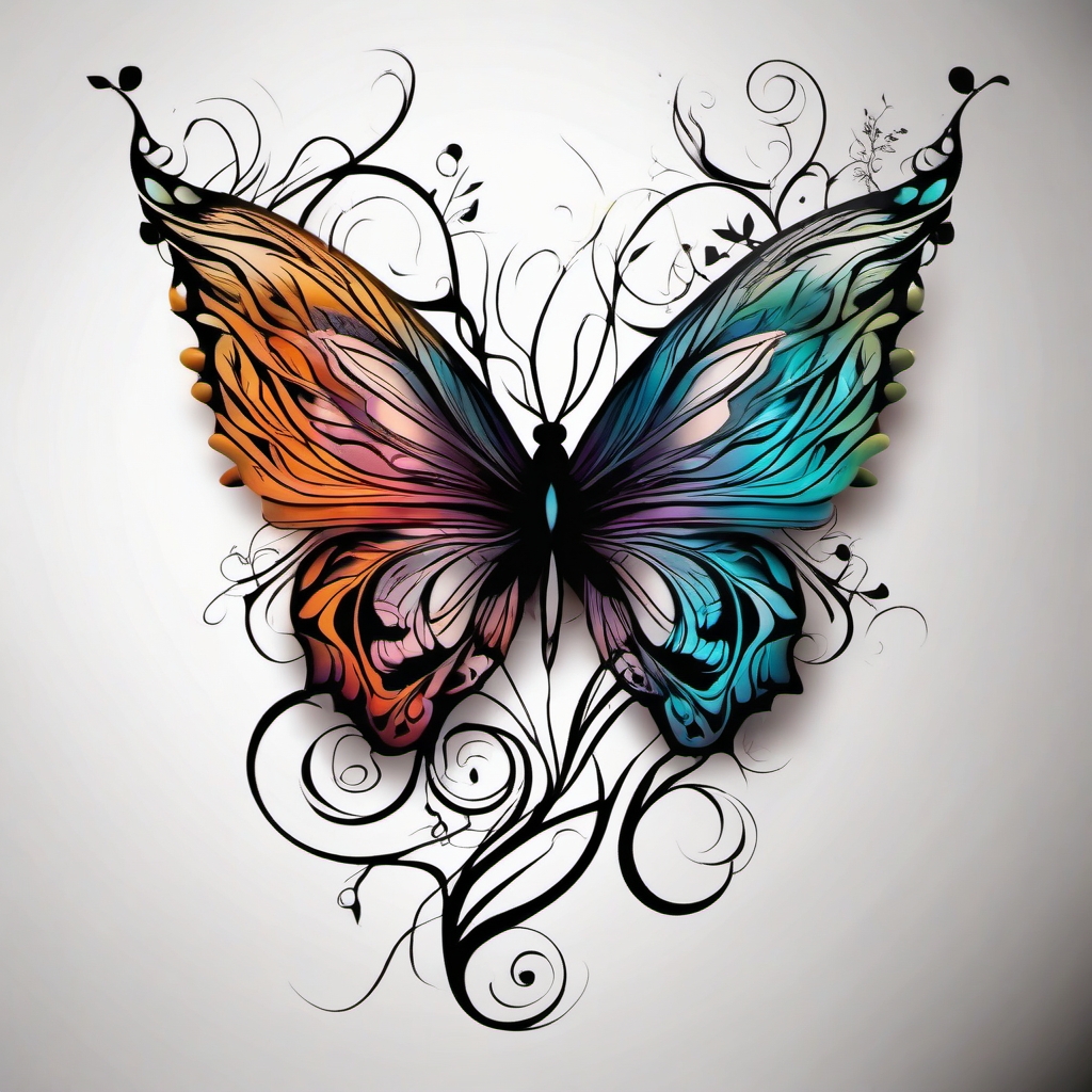 Abstract butterfly roots tattoo. Rooted beauty in transformation.  color tattoo, white background