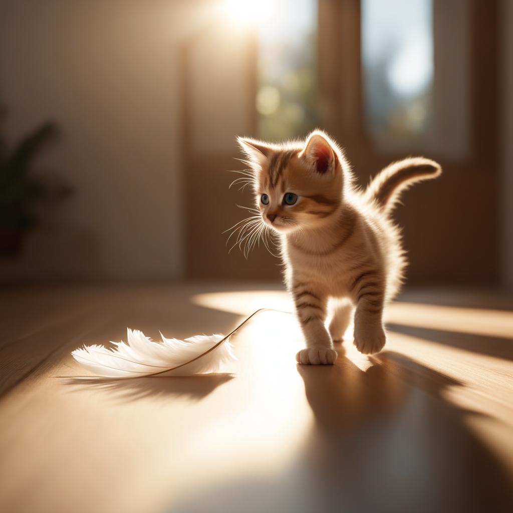 kitten pouncing on a feather toy in a sunlit room 8k ultrarealistic cinematic 