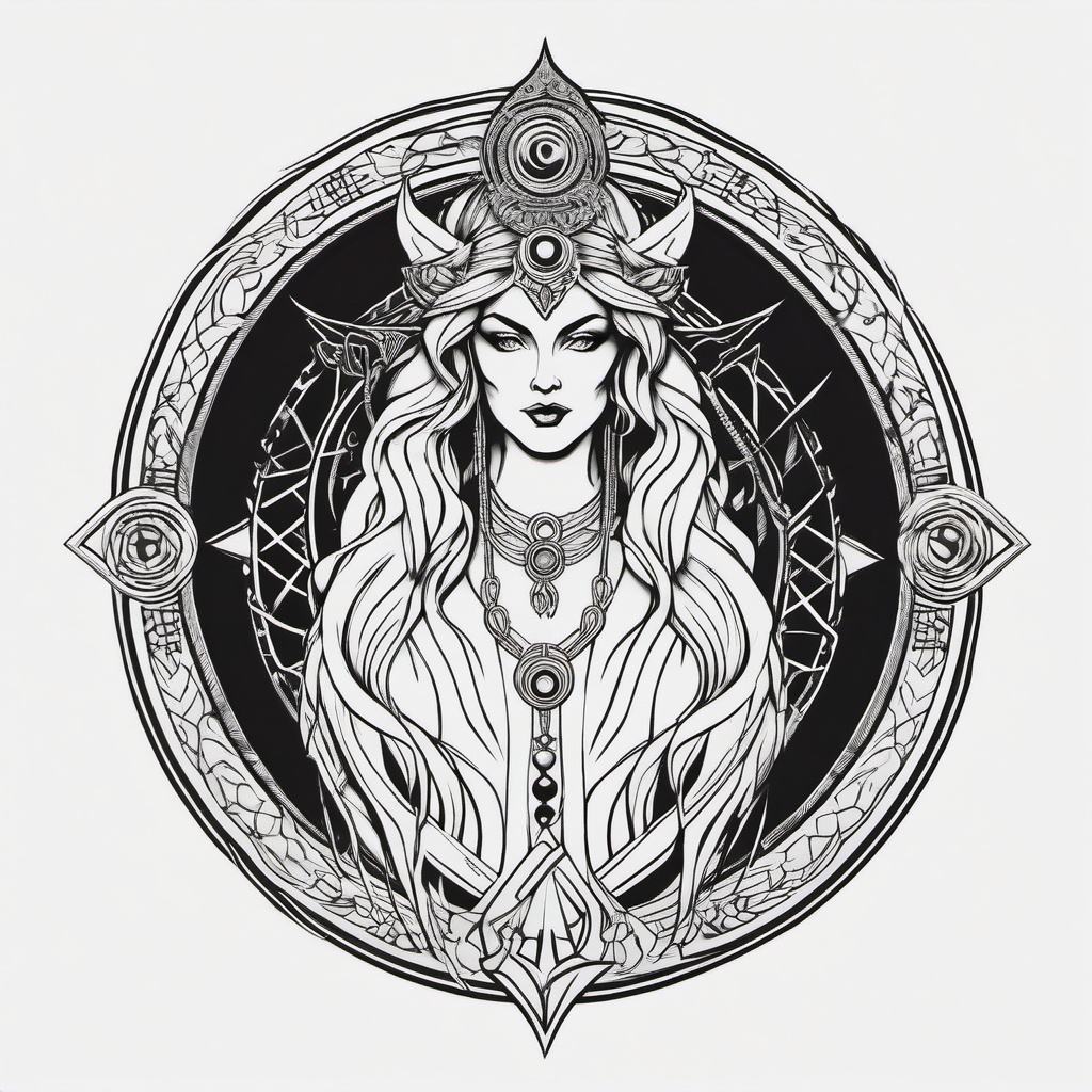 Hecate Tattoo Design - Create a unique and symbolic tattoo design inspired by Hecate, incorporating elements that represent her multifaceted nature.  simple color tattoo, white background