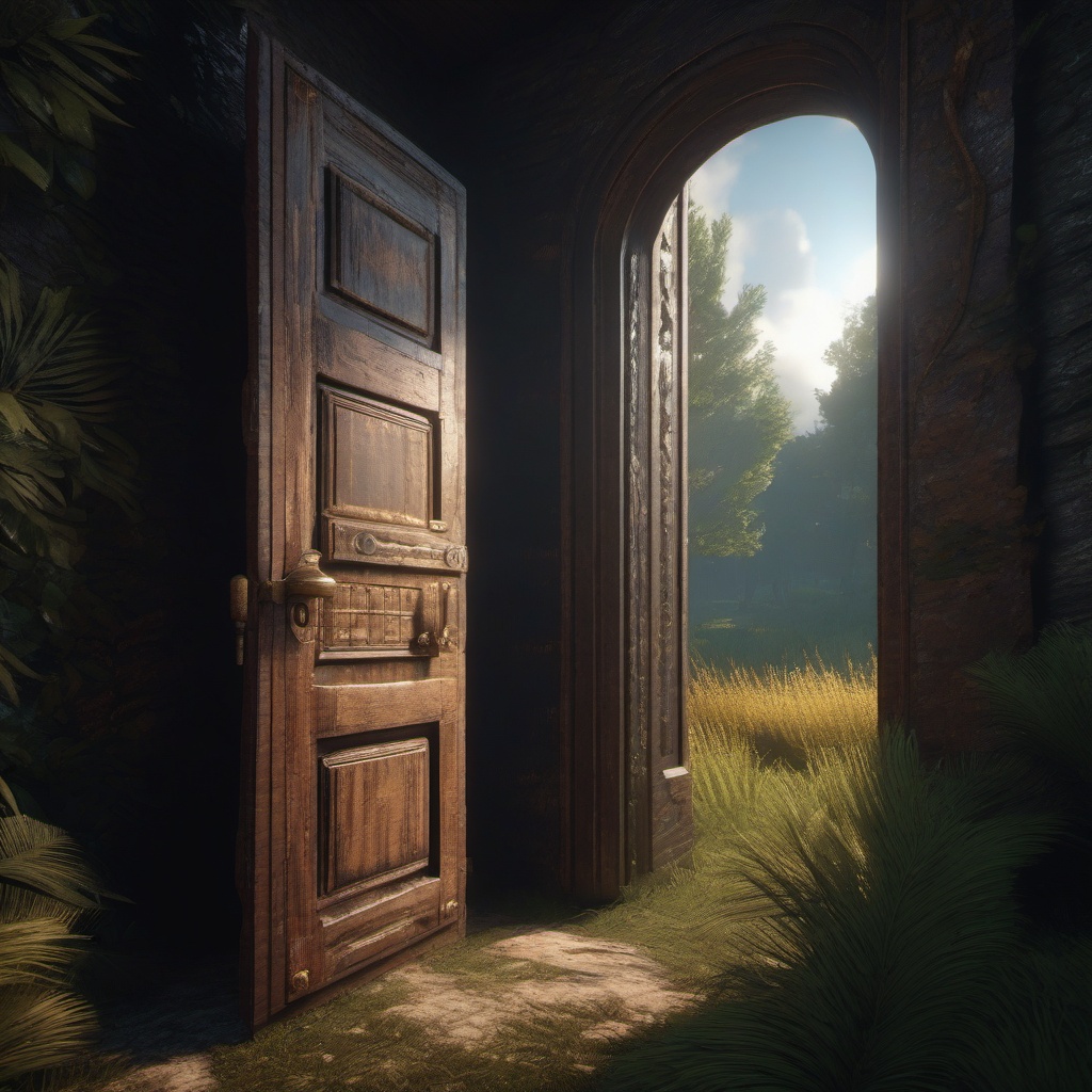 Weathered key unlocks the hidden door to a parallel world.  8k, hyper realistic, cinematic