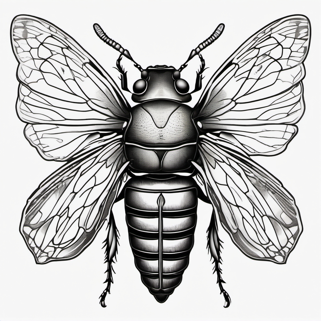 Cicada tattoo: Symbol of transformation, renewal, and the ephemeral nature of life.  black white tattoo, white background