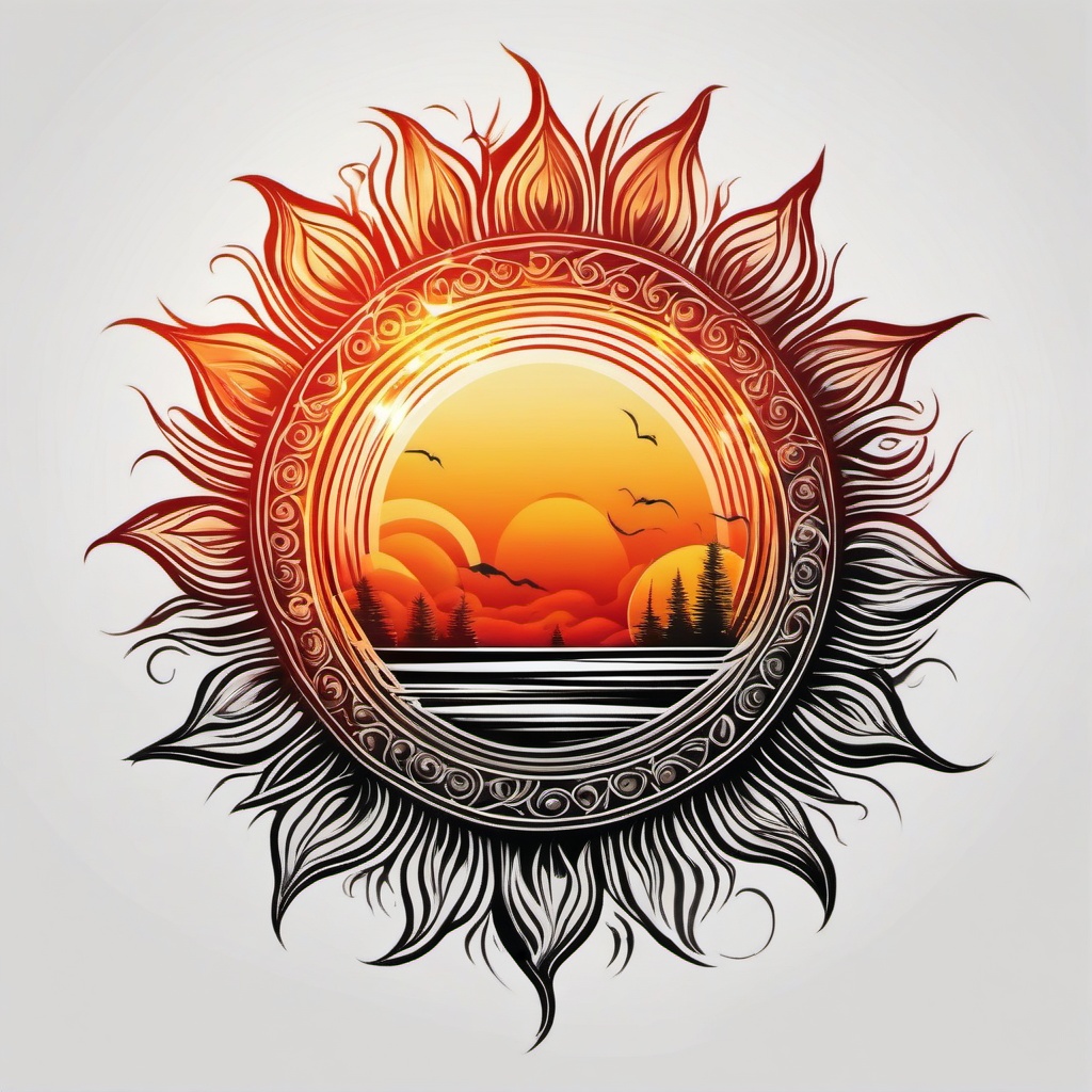 fiery sun tattoo  simple color tattoo,white background