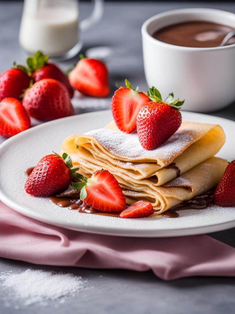 an assortment of delicate crepes, filled with nutella, strawberries, and a dusting of powdered sugar. 