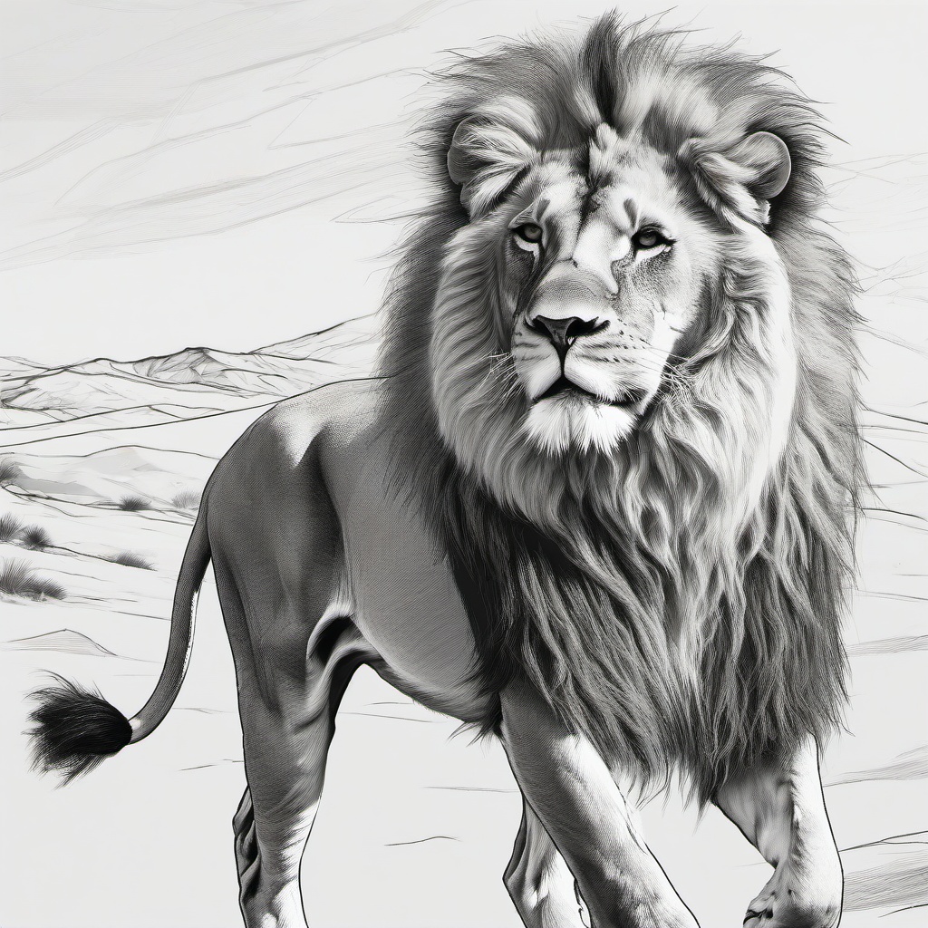 drawing of a lion in desert  minimal rough sketch scribbles,doodles,black and white