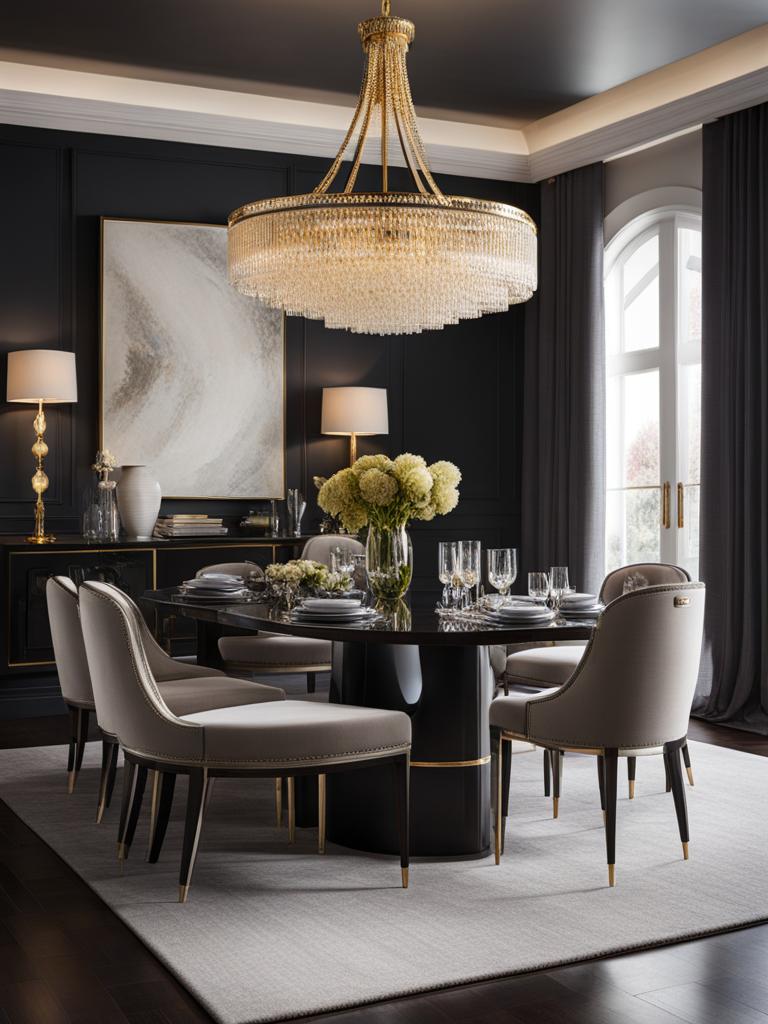 luxurious dining room with a statement chandelier and plush seating. 