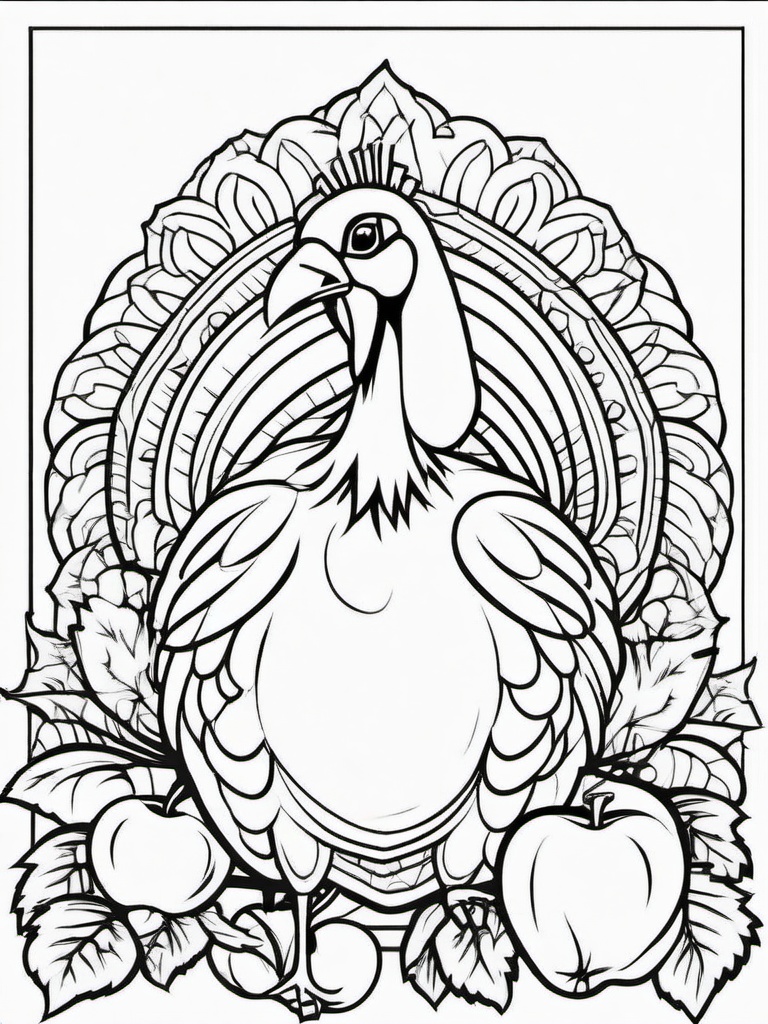 Turkey with Apples Coloring Pages - Harvest Turkey Surrounded by Apples  minimal black outline printable sheet, coloring page