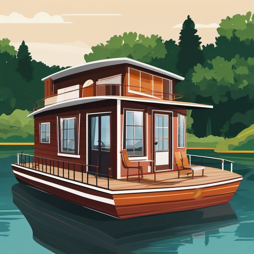 Boat clipart - houseboat floating on a river  