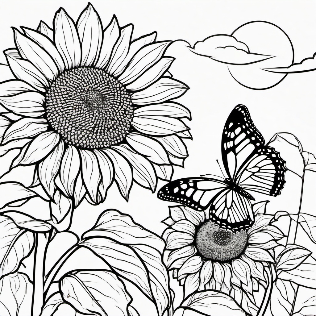 Summer Coloring Pages - Sunflower and butterfly duo basking in the sun  simple coloring pages