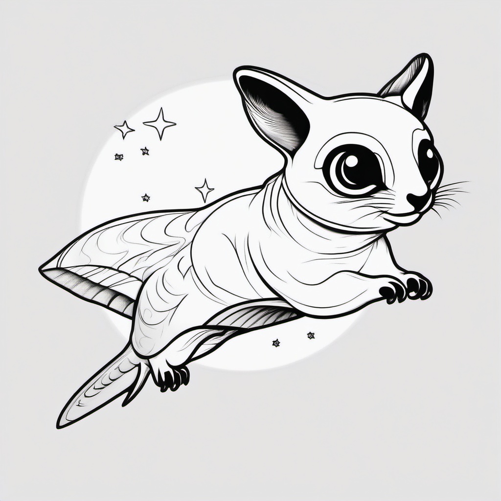 Sugarglider Tattoo - Cute sugarglider gliding through the night sky  few color tattoo design, simple line art, design clean white background