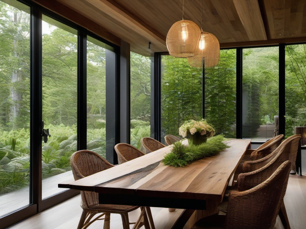 Biophilic interior design in the dining room highlights a reclaimed wood table, woven natural fiber chairs, and a large window view of outdoor greenery, promoting a sense of connection to nature during meals.  