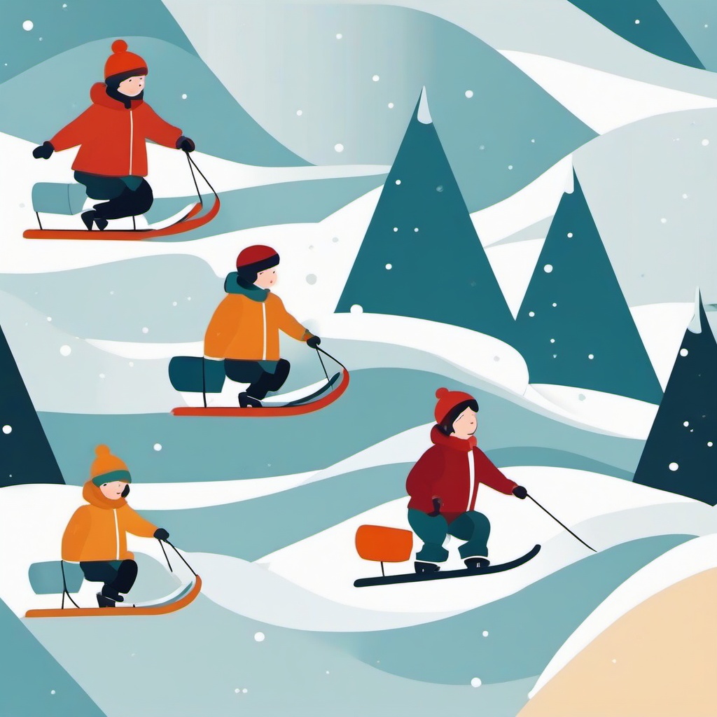 January clipart - children sledding down a hill in January  color,minimalist,vector clipart