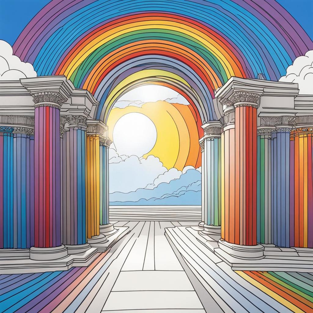 rainbow coloring pages - a vibrant rainbow arches across a clear blue sky after a storm. 