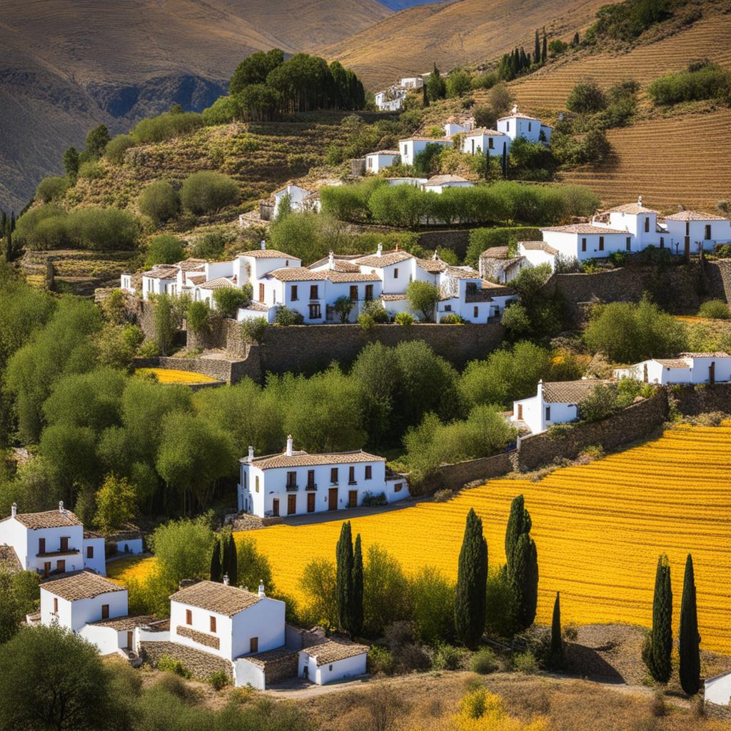 untouched alpujarras villages - paint a scene from the untouched alpujarras villages in the sierra nevada, with terraced fields and traditional architecture. 