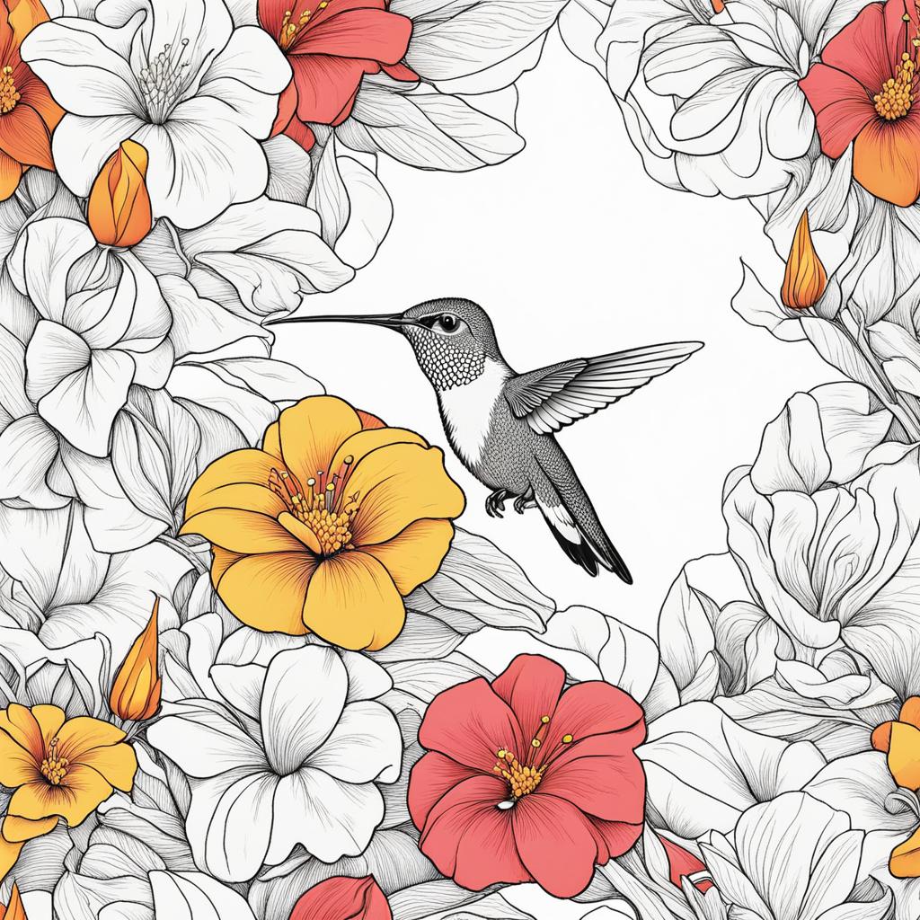 flower coloring pages - a hummingbird sips nectar from a colorful flower. 