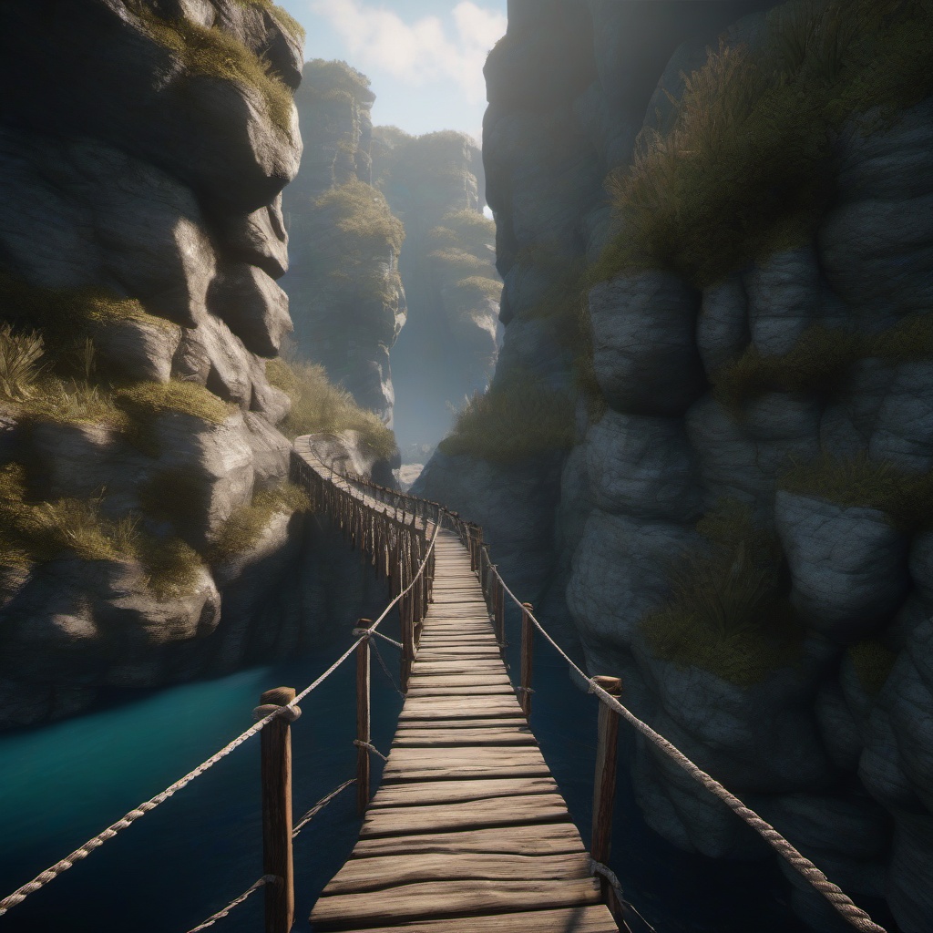 Weathered rope bridge connects two cliffs in a mystical realm.  8k, hyper realistic, cinematic