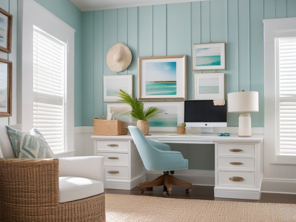 Coastal Home Office - Coastal home office with a breezy color scheme and beach-inspired decor. realistic, professional photography, bokeh, natural lighting, canon lens, shot on dslr 64 megapixels sharp focus