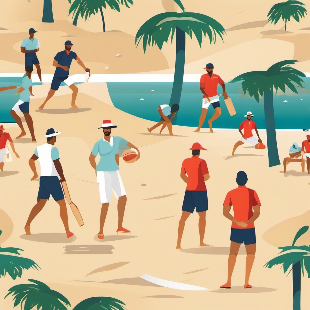 Beach Cricket Fielding Clipart - Beach cricket fielders ready for action.  color vector clipart, minimal style