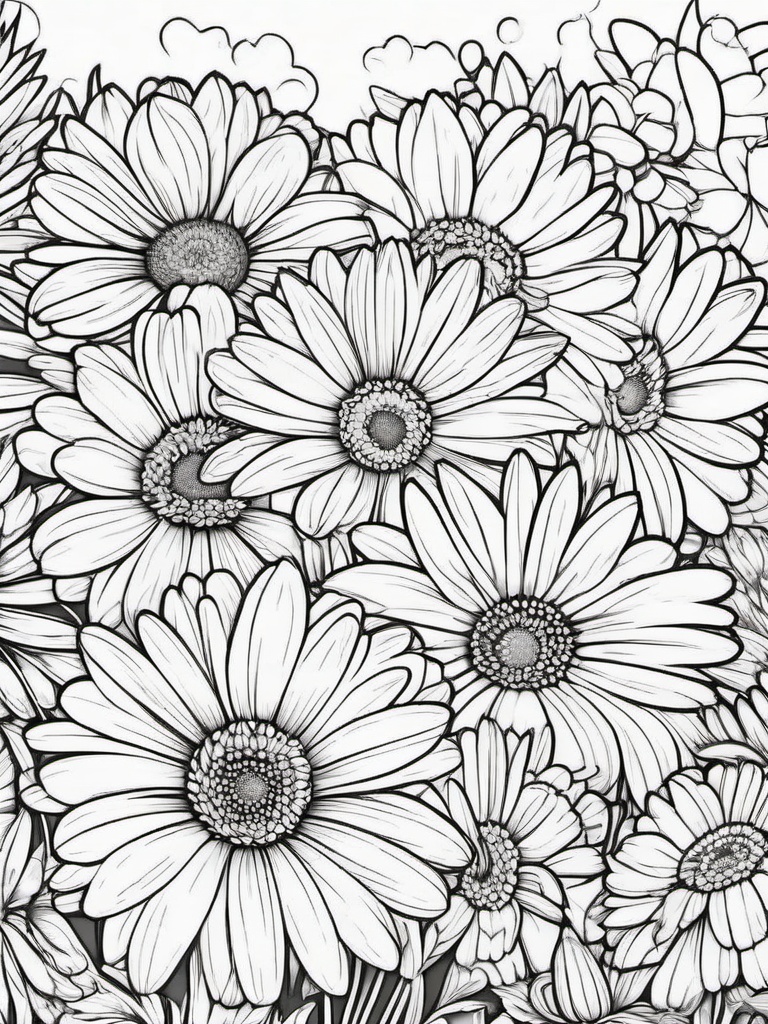 Gerbera Daisy coloring page sheet - Bright gerbera daisies in a cheerful flower bed.  black outline printable coloring page