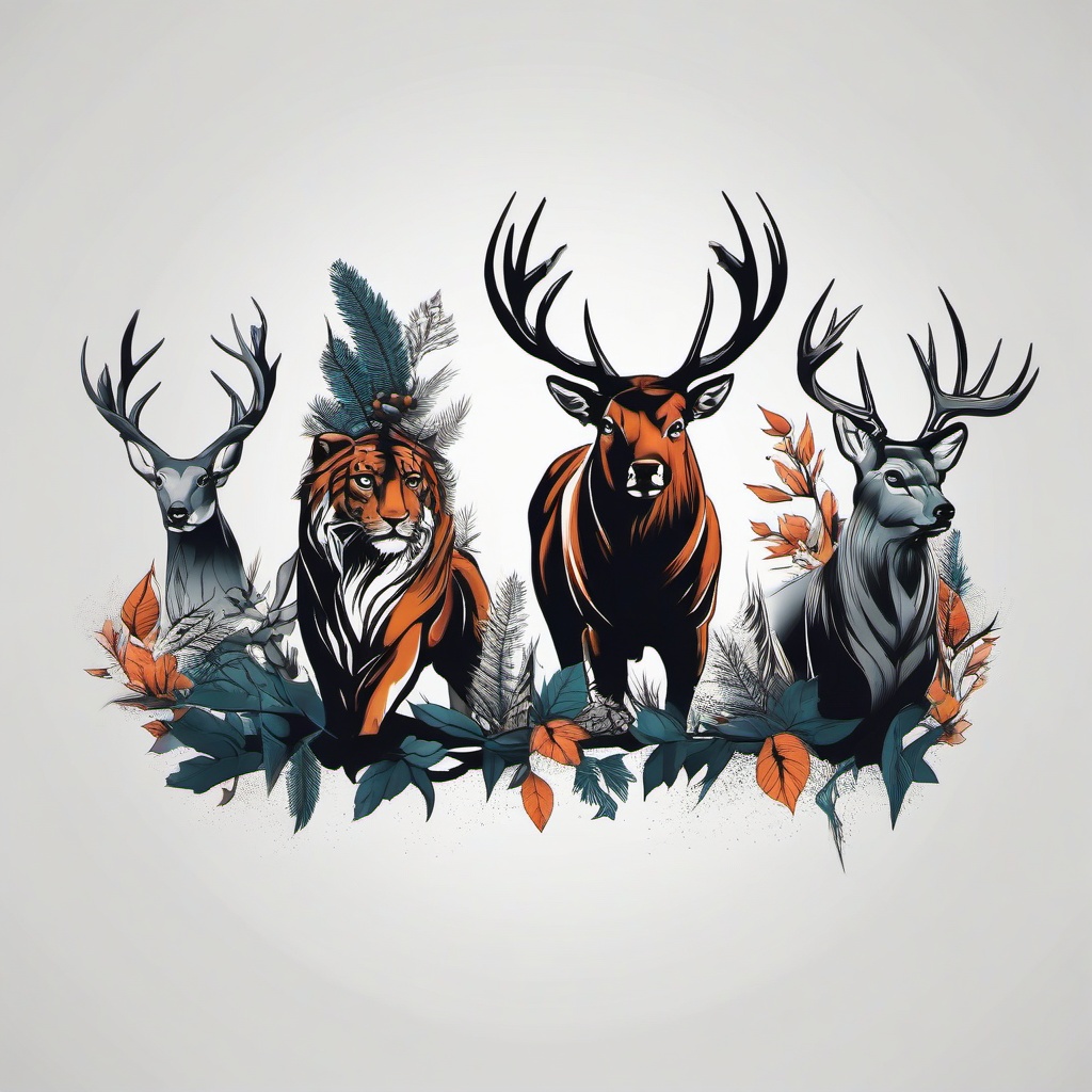 hunting party tattoo  simple color tattoo,minimal,white background