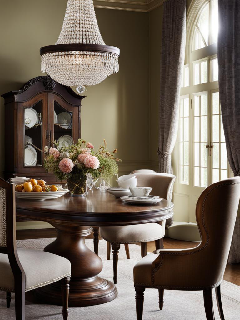 vintage-inspired dining room with a crystal chandelier and antique furnishings. 