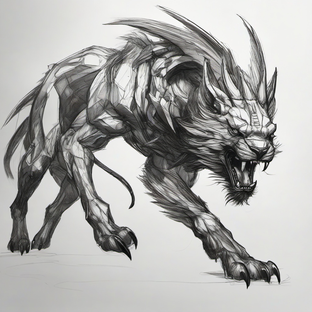 drawing of a chimera in battle  minimal rough sketch scribbles,doodles,black and white