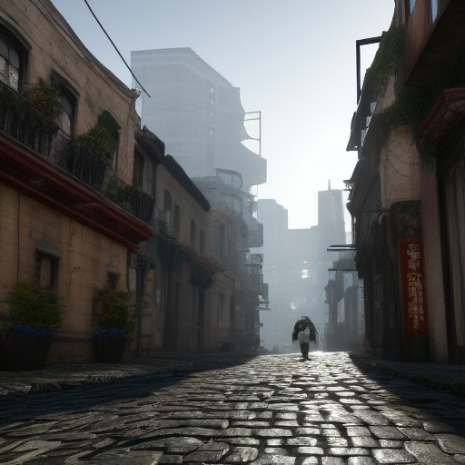 shot from narrow cobblestone alley with buildings on left and right side with many storeys and dense detailed windows cyberpunk 8k ultra realistic 