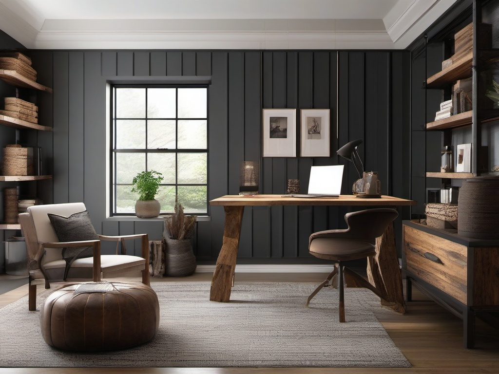 Modern Rustic home office combines sleek furniture with rustic wood accents, warm textiles, and comfortable seating for a stylish yet inviting workspace.  