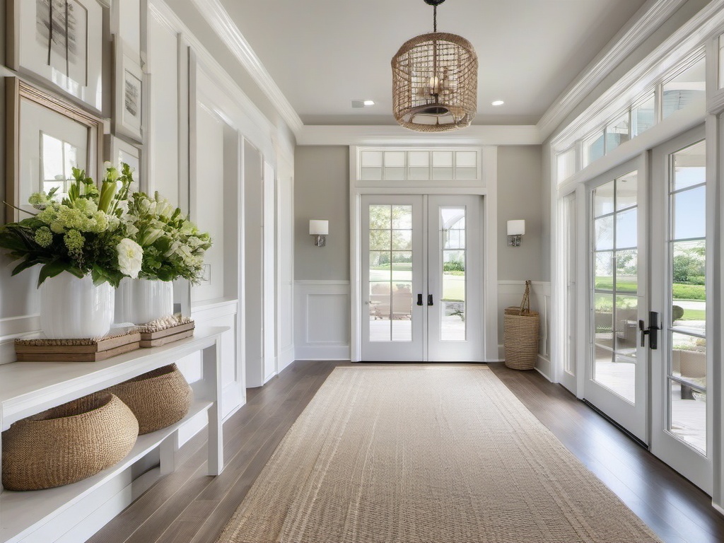 The foyer features Hampton interior design with light colors, natural materials, and welcoming decor that invites guests into a bright and airy home.  