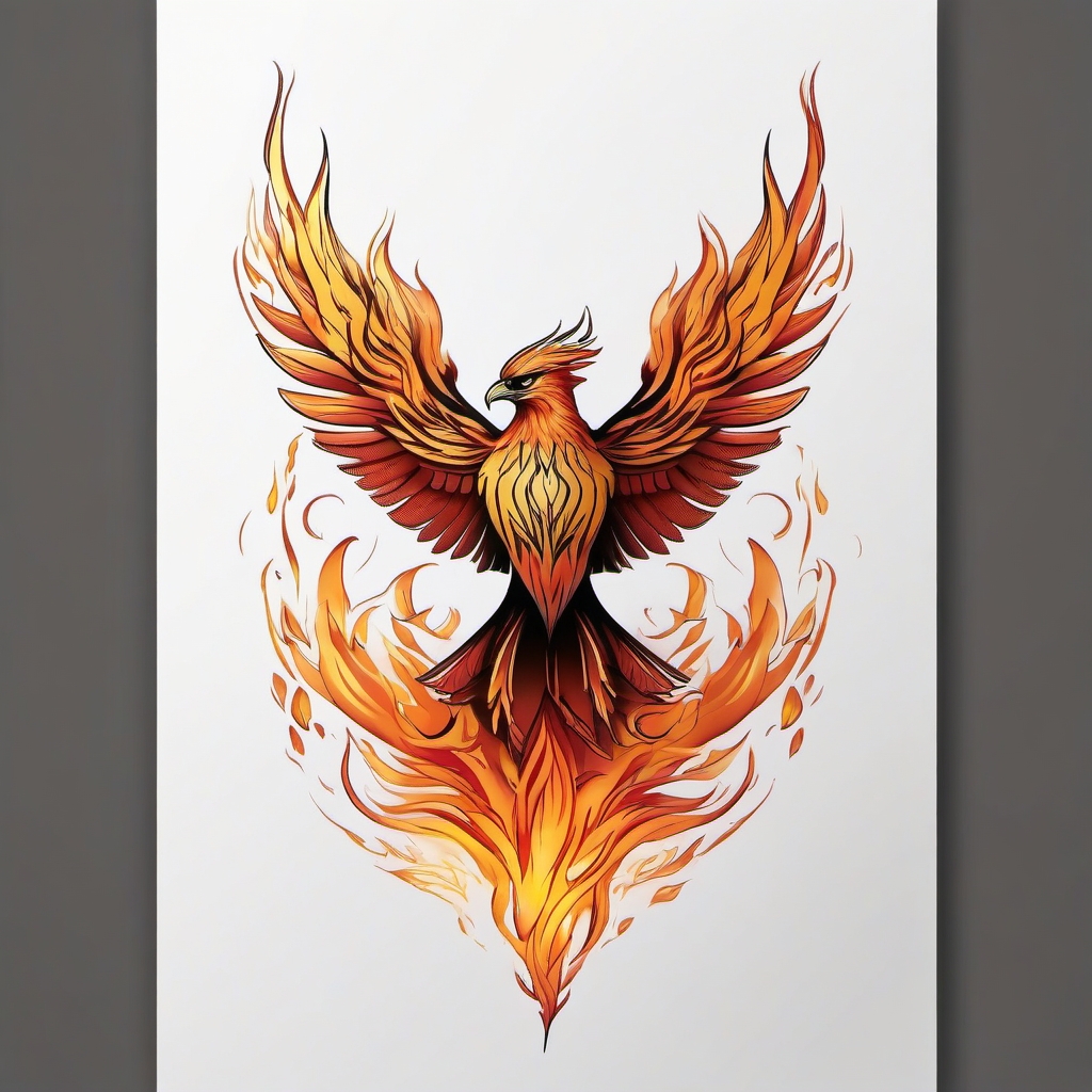 Phoenix tattoo rising from transformative flames, shaped like a hawk.  color tattoo style, minimalist design, white background