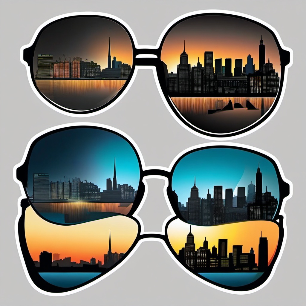 Sunglasses and City Skyline Sticker - Sunglasses with a city skyline reflecting, ,vector color sticker art,minimal