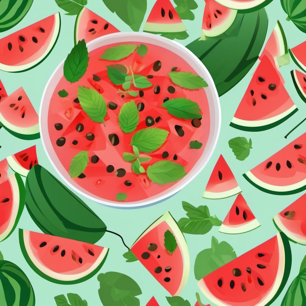 Watermelon Salad Clipart - A bowl of watermelon salad with mint leaves.  color vector clipart, minimal style