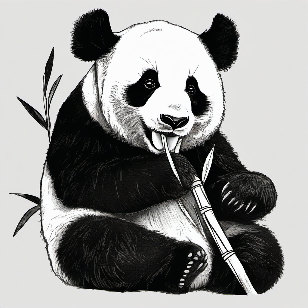 drawing of a panda bear eating bamboo  minimal rough sketch scribbles,doodles,black and white