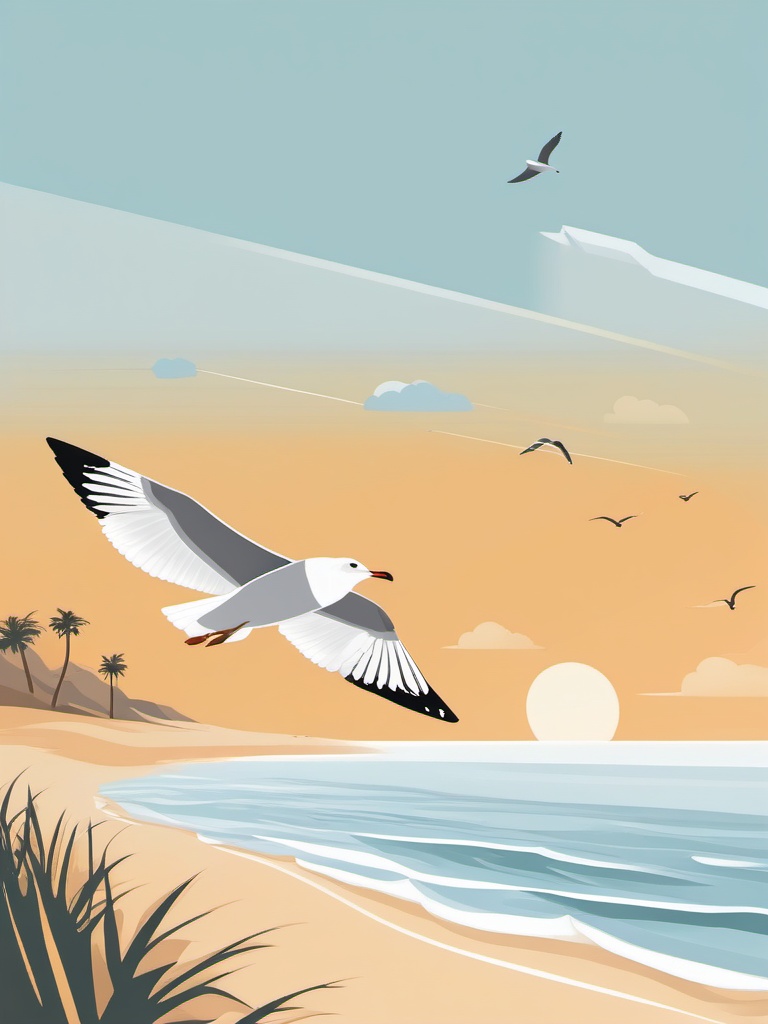 Seagull Clipart - Seagull flying over a pristine beach , minimal, 2d