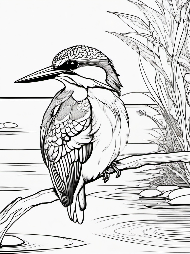 Kingfisher Coloring Pages - Bright Bird Perched by Water  minimal black outline printable sheet, coloring page