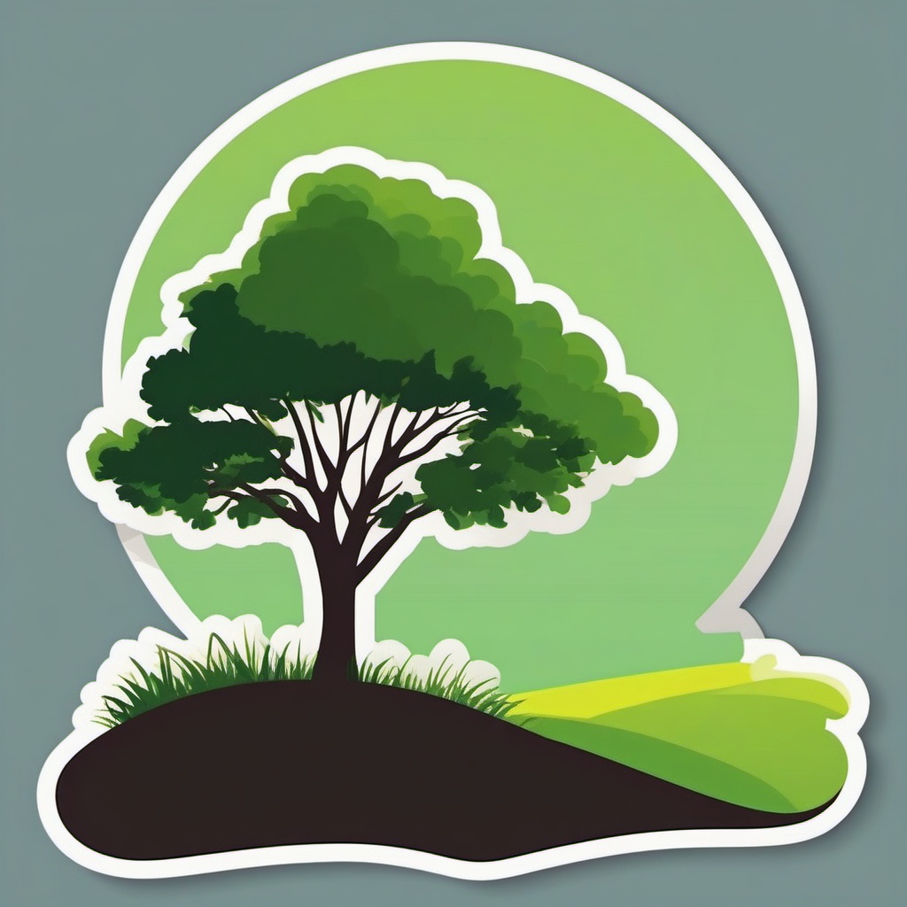 Tree on Hill Sticker - Lone tree atop a grassy hill, ,vector color sticker art,minimal