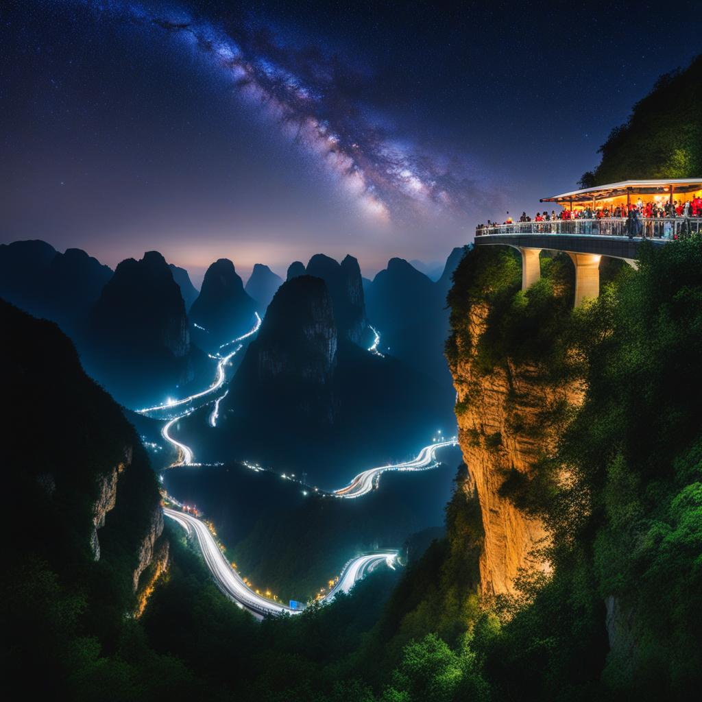 tianmen mountain - craft a night painting of tianmen mountain, where the heaven's gate natural arch and glass walkways offer breathtaking views under the starry sky. 