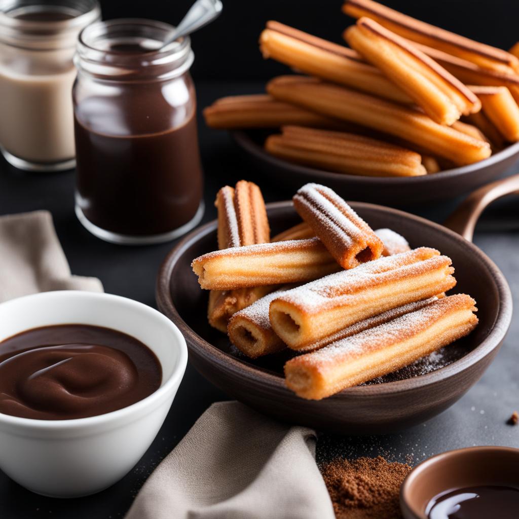 churros, fried dough sticks rolled in cinnamon sugar and served with chocolate sauce. 