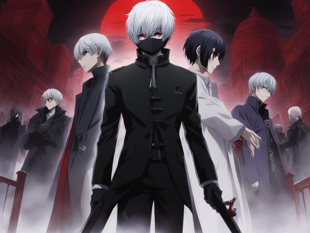 kaneki - confronts menacing ghouls in a labyrinthine, gothic cityscape. 