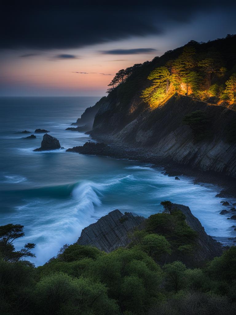 tojinbo cliffs - paint the dramatic tojinbo cliffs along the sea of japan, where the crashing waves and eerie night ambiance create a hauntingly beautiful scene. 