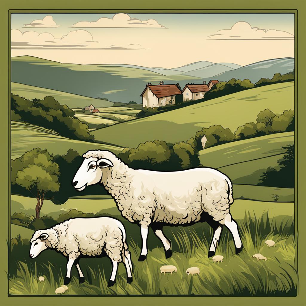 sheep clipart: grazing on a picturesque hillside. 