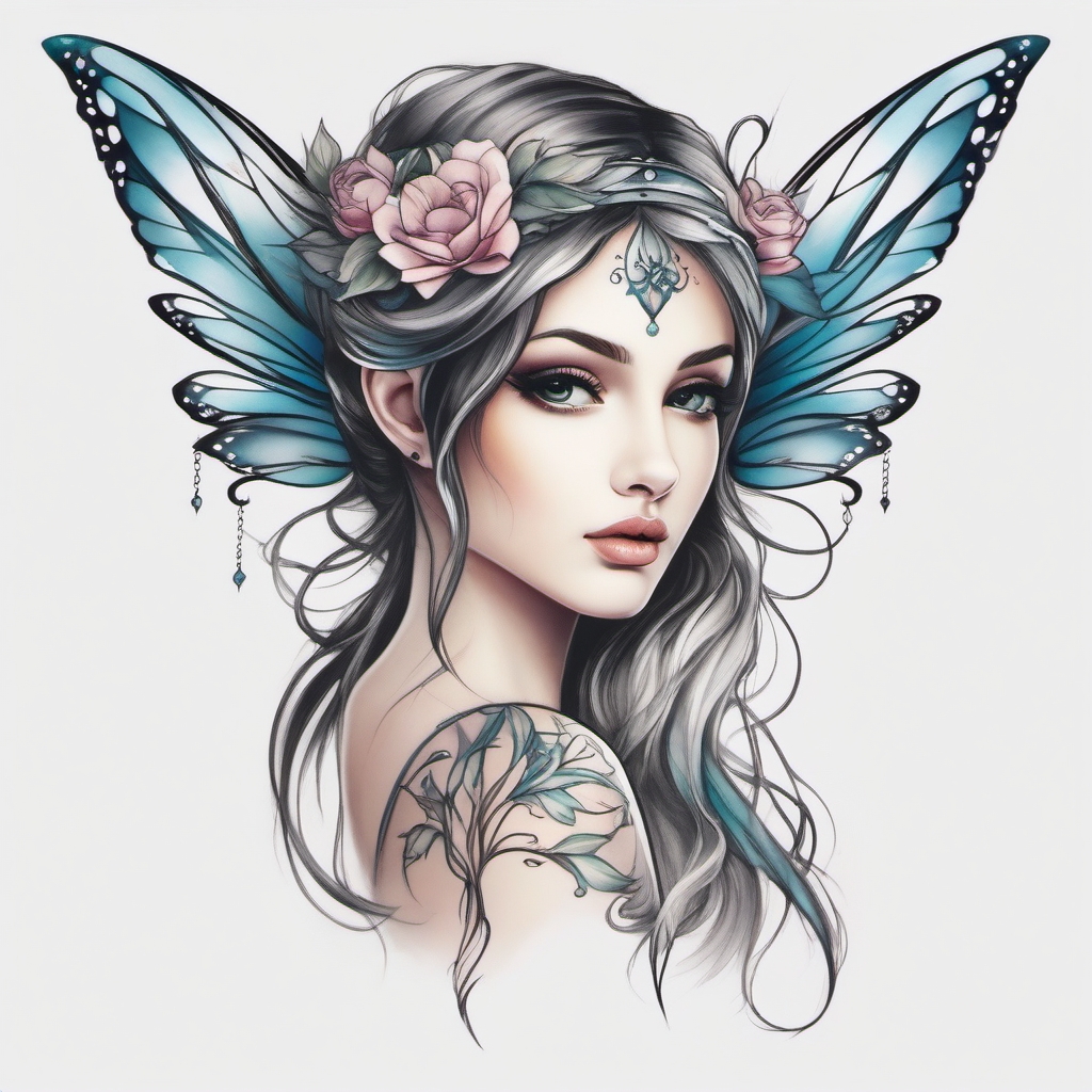 fairy sister tattoos  simple color tattoo style,white background