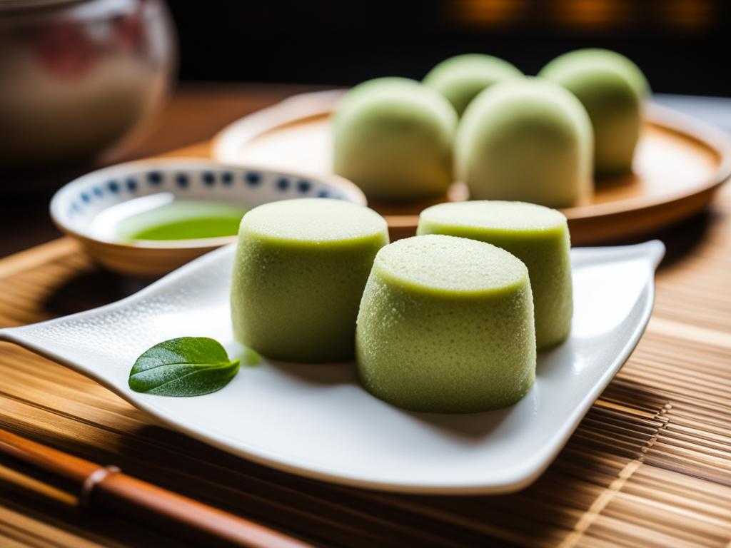 matcha mochi ice cream, japanese rice cake filled with green tea ice cream, savored at a tea ceremony in kyoto. 