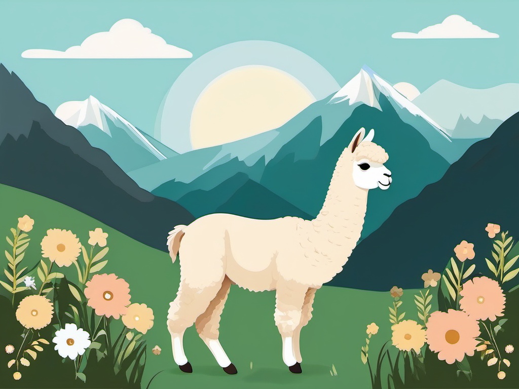 Cute Alpaca in a Mountain Meadow  clipart, simple