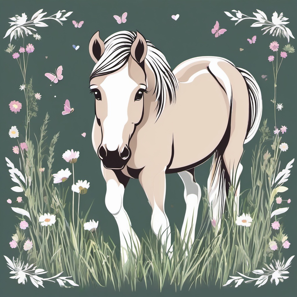 Pony clipart - Sweet pony grazing in a field, ,vector color clipart,minimal