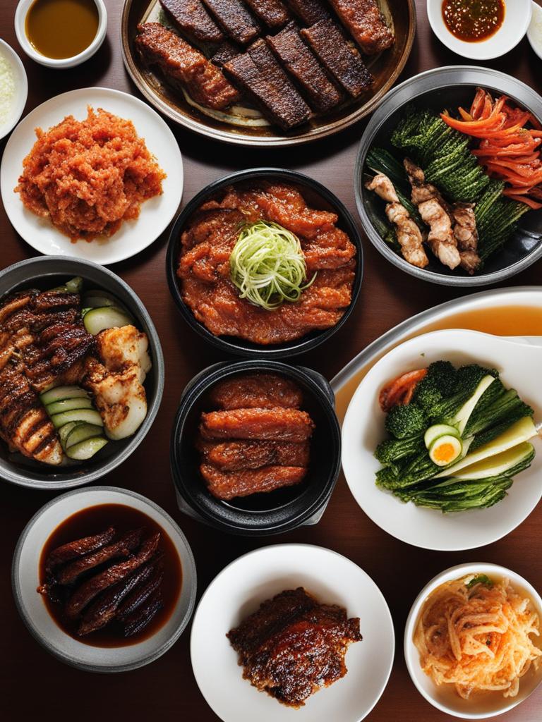 korean bbq extravaganza - grilled meats, kimchi, and an array of banchan for a communal feast. 