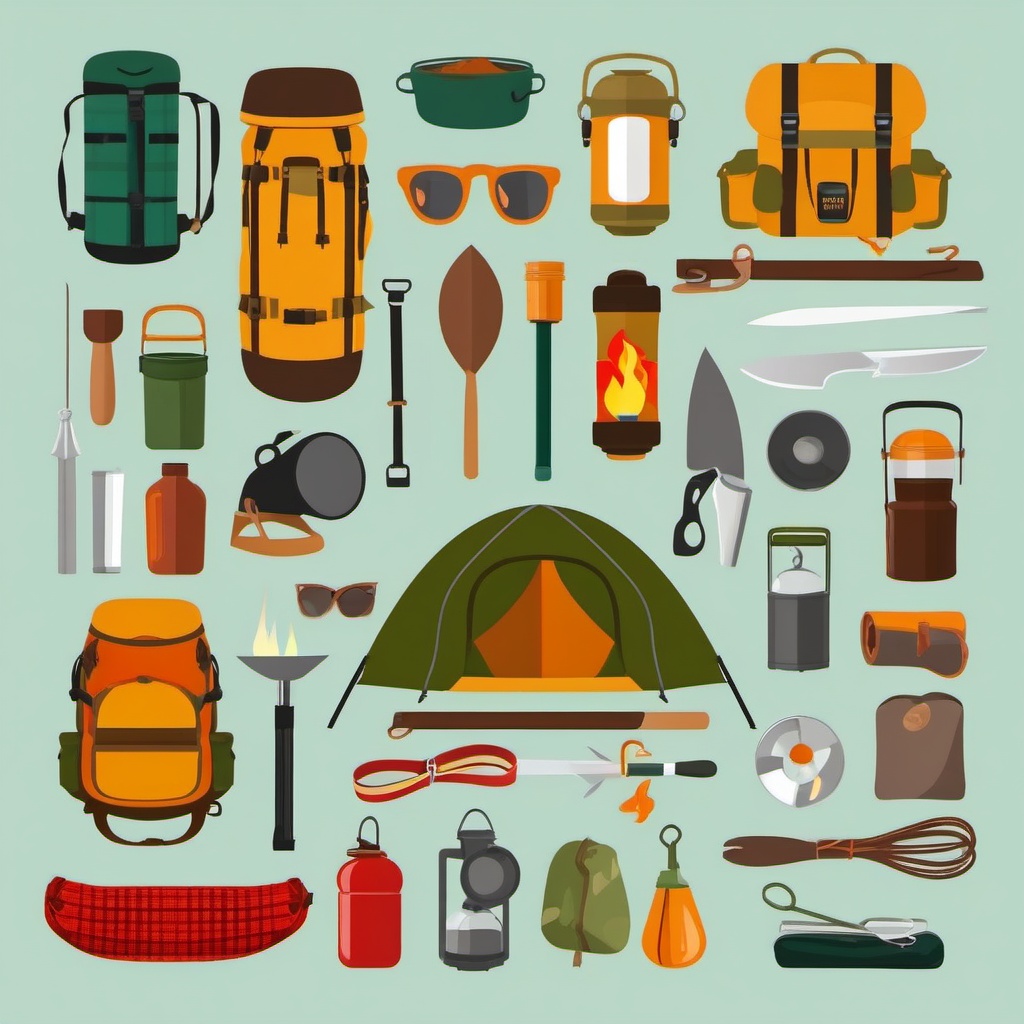 Camping Essentials clipart - Essential items for a camping trip., ,vector color clipart,minimal