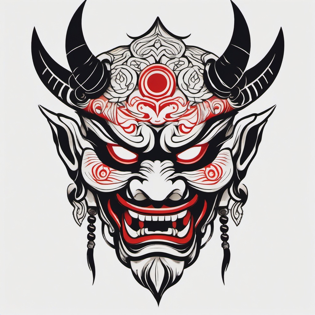Japanese Tattoo Oni Mask-Traditional tattoo design featuring the iconic Oni mask, rooted in Japanese folklore and symbolism.  simple color tattoo,white background
