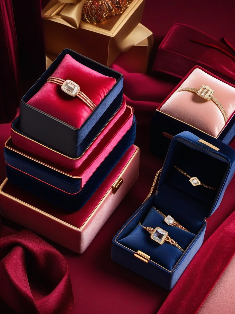 Velvet jewelry boxes top view, product photoshoot realistic background, hyper detail, high resolution