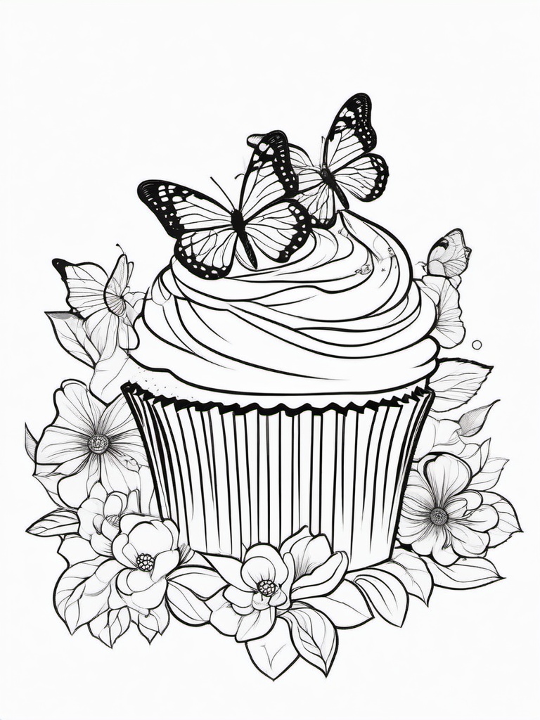 Cupcake Coloring Pages - Cupcake decorated with flowers and butterflies  simple coloring pages