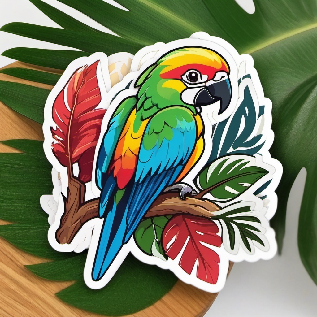 Colorful Parrot Sticker - A brilliantly colored parrot perched on a tropical branch. ,vector color sticker art,minimal